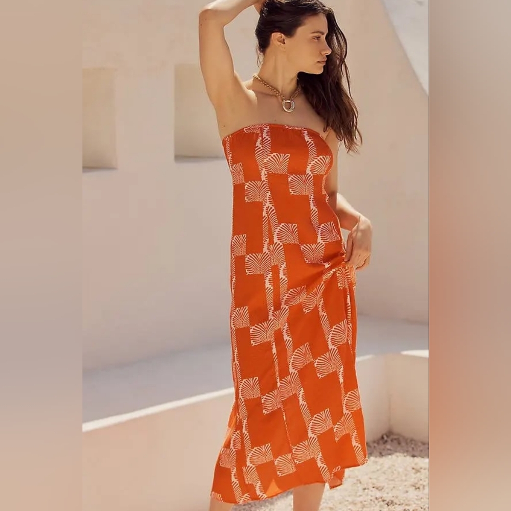 Anthropologie Strapless Orange & White Maxi Dress